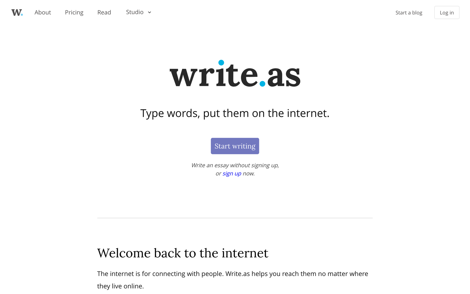 Write.as minimalist blog platform homepage