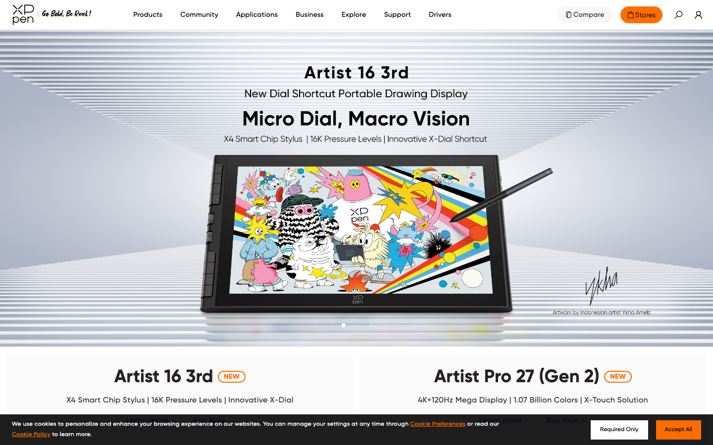 XP-Pen store homepage — Artist 16 3rd display tablet hero, plus the Deco Pro Gen 2 line of non-display pen tablets