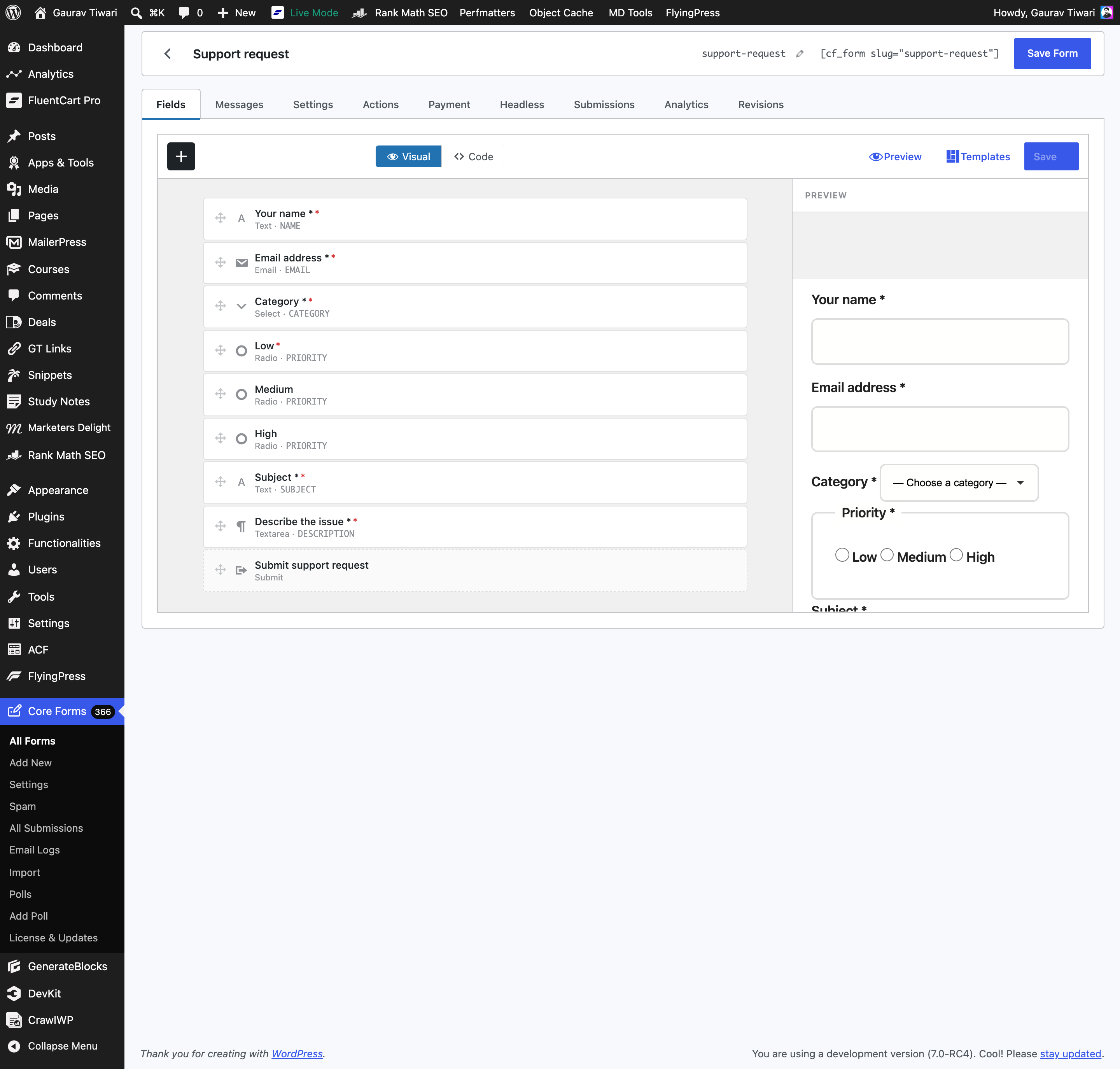 The Fields tab inside the editor