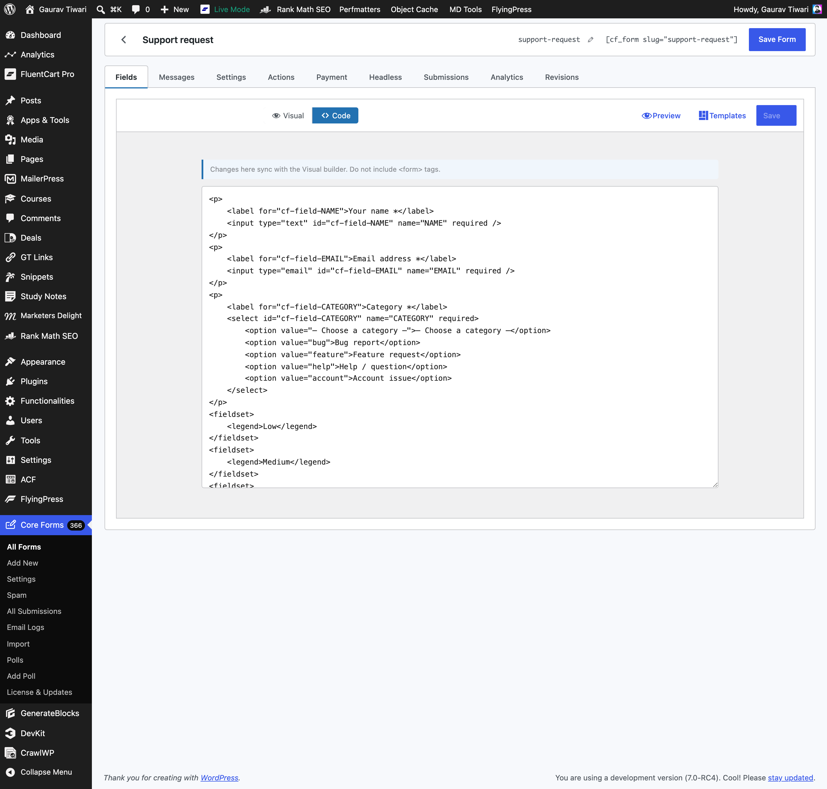 The Code view of the form editor
