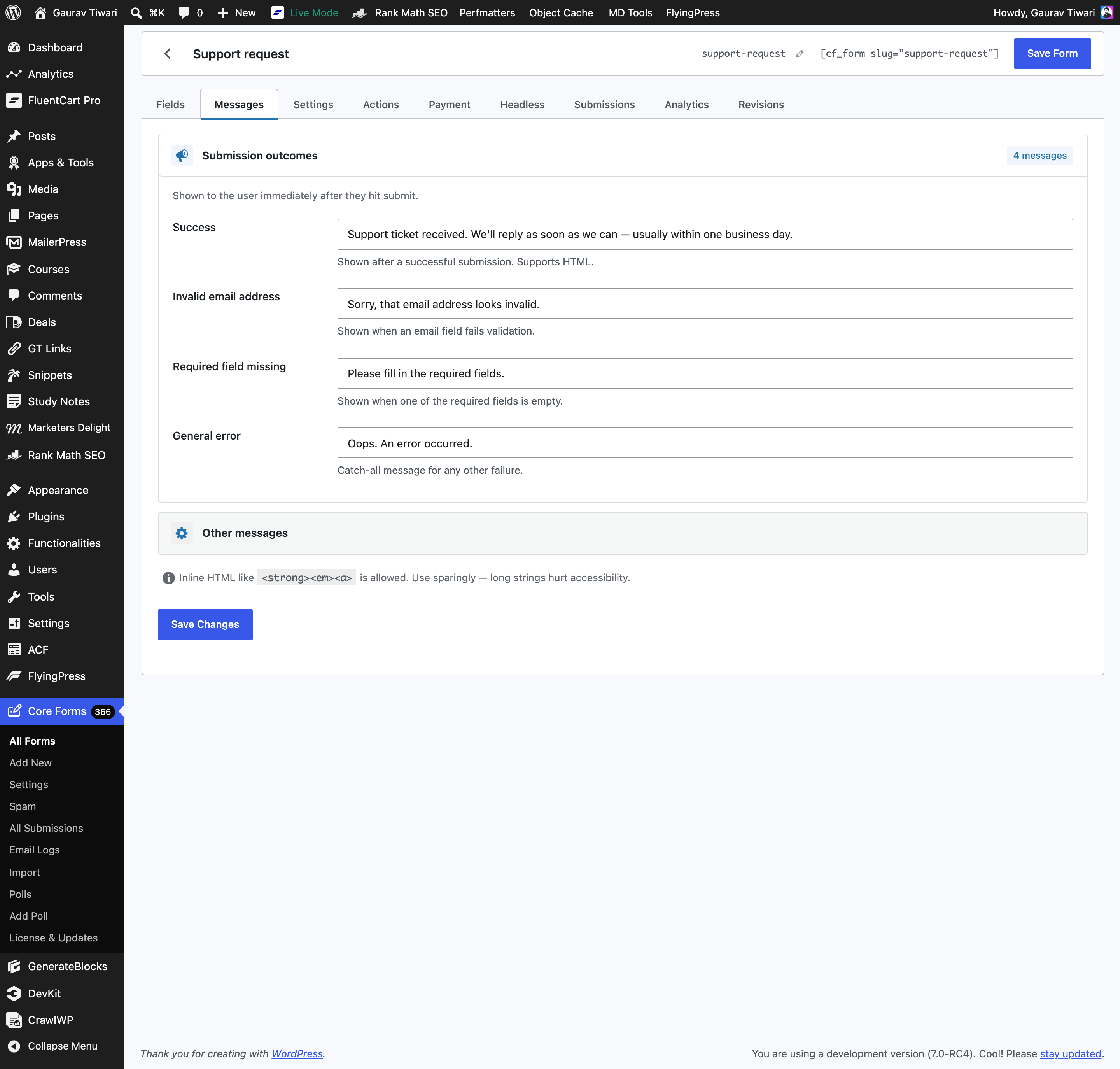 The Messages tab where you customise the success / invalid email / required-field / error copy