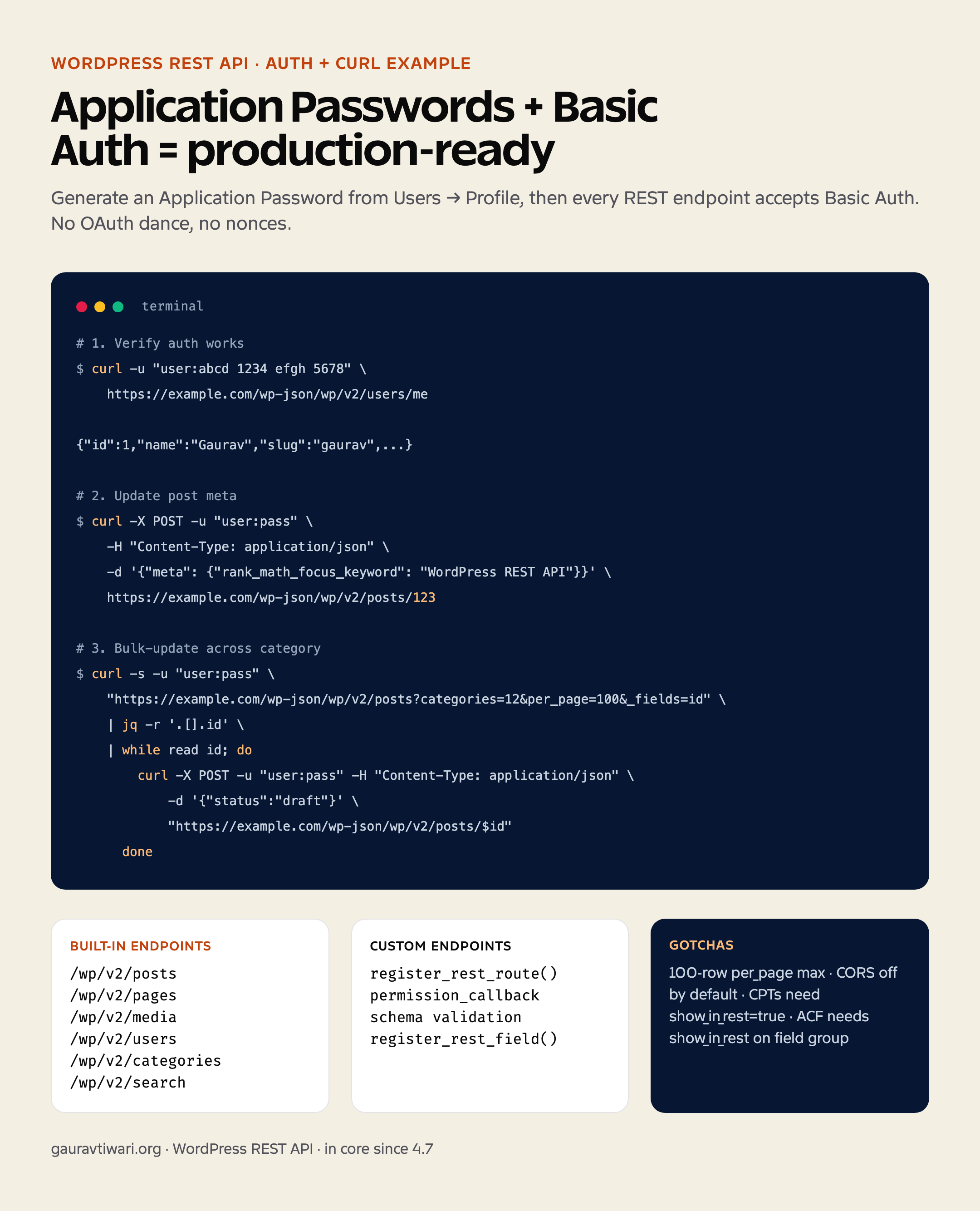 WordPress REST API terminal session showing Application Password authentication, post meta update, and bulk update workflow
