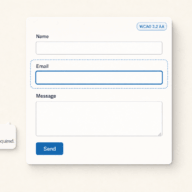 Editorial illustration showing accessible forms in WordPress with a focused Email field, screen-reader announcement, and a WCAG 2.2 AA badge.