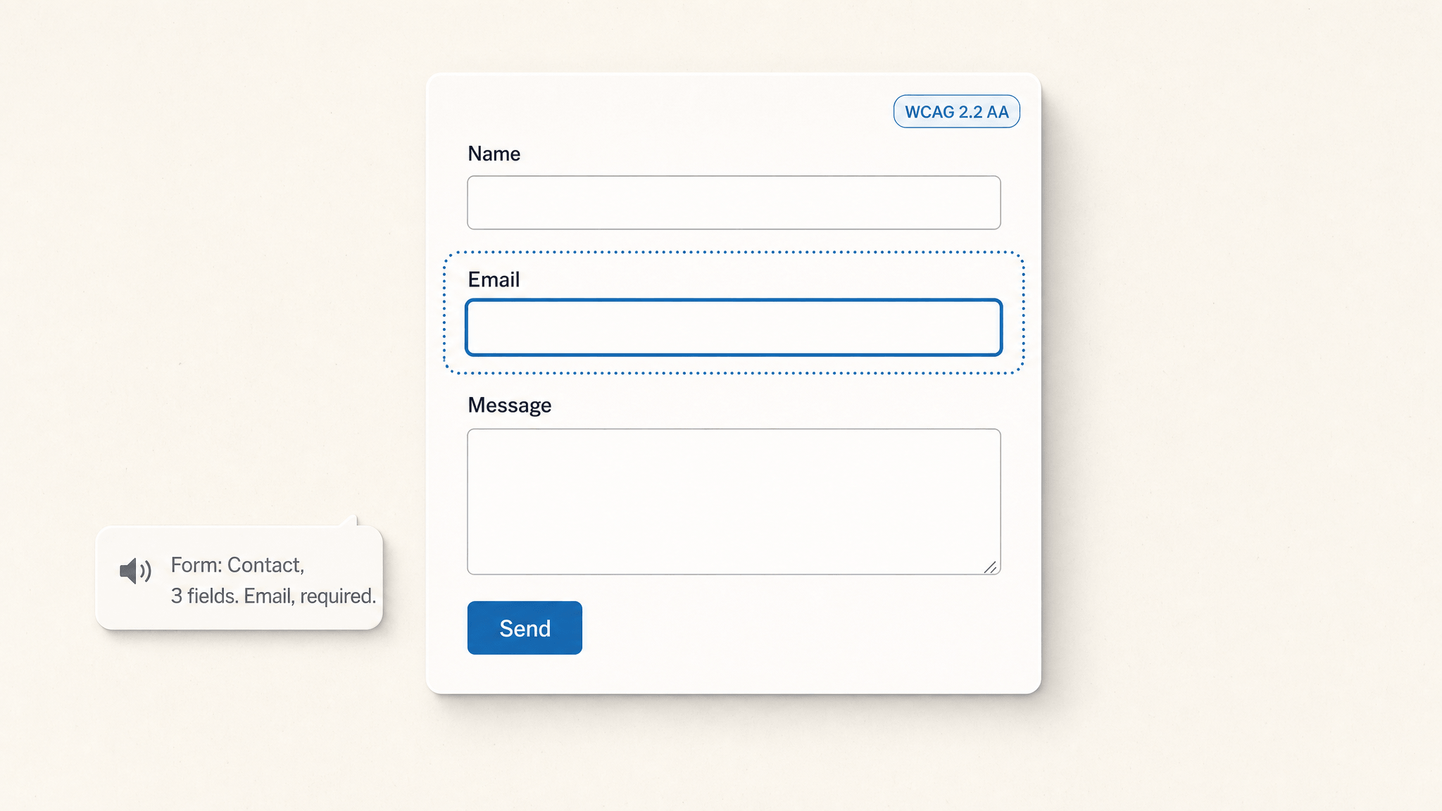 Editorial illustration showing accessible forms in WordPress with a focused Email field, screen-reader announcement, and a WCAG 2.2 AA badge.