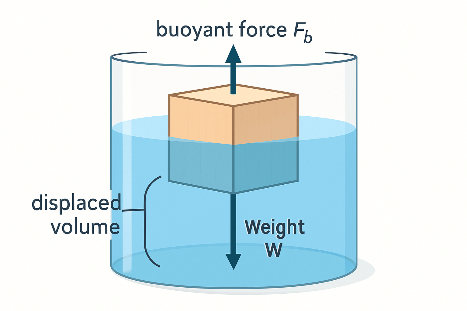 Archimedes' principle illustration — a cube partially submerged in water with buoyant force equal to weight of displaced water.
