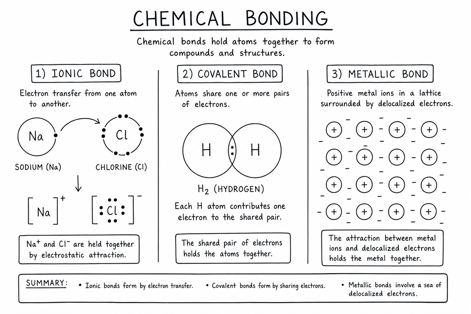 Chemical bonding ionic covalent metallic modern textbook illustration