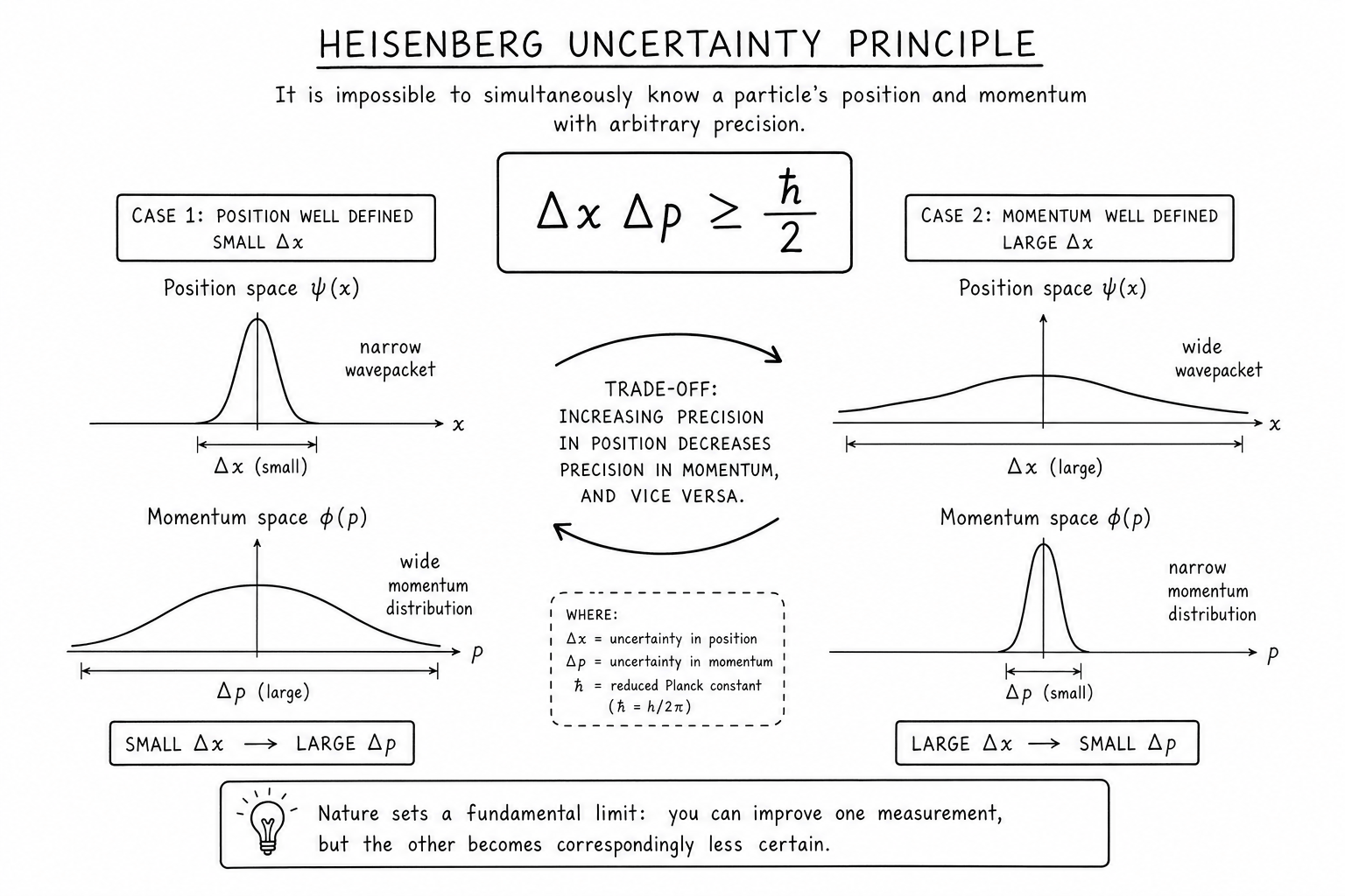 Heisenberg uncertainty principle position momentum tradeoff modern textbook illustration