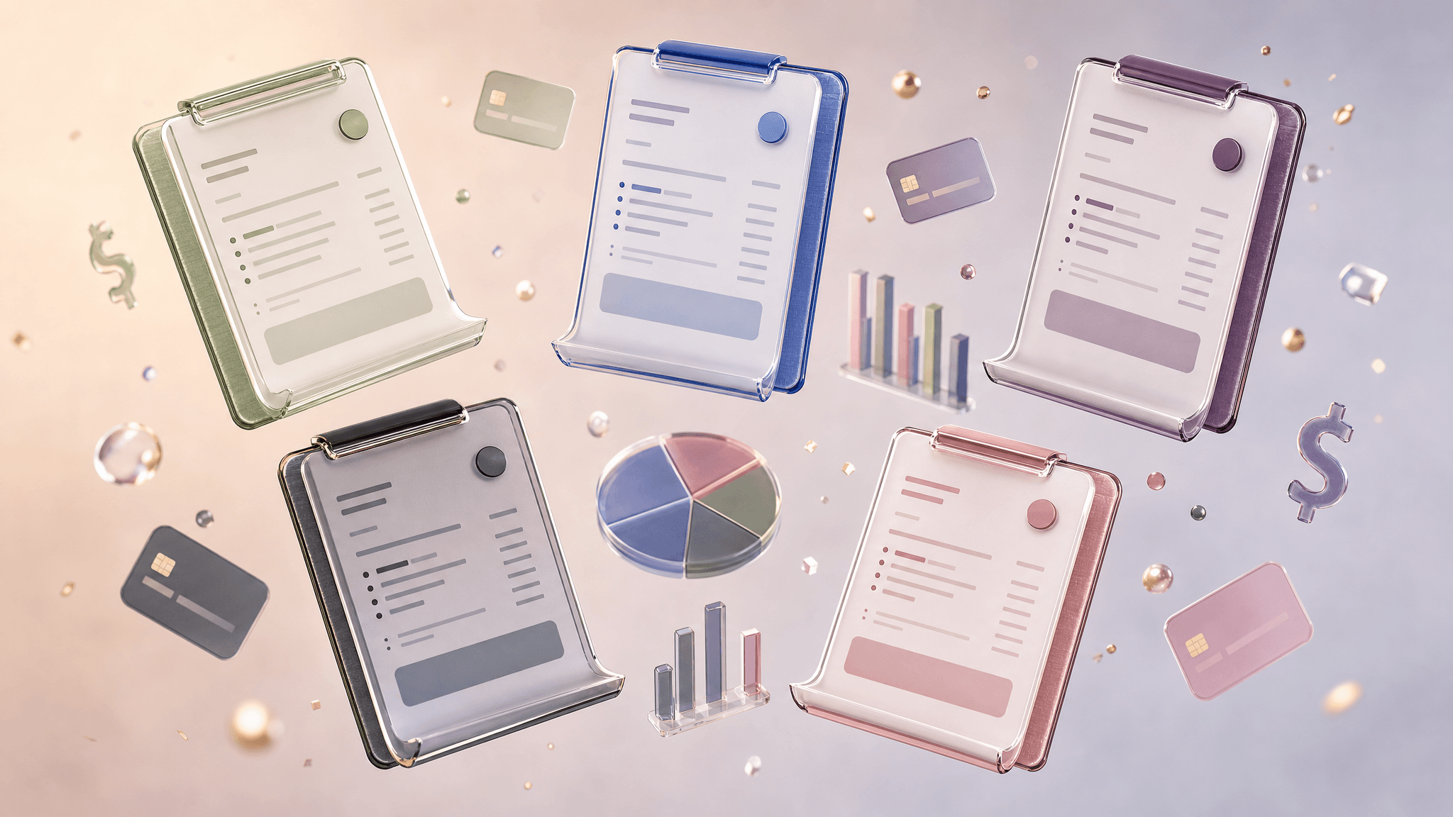 Editorial 3D isometric comparison of invoicing software clipboards representing FreshBooks, Wave, QuickBooks, Invoice Ninja, and HoneyBook with floating credit cards and analytics charts