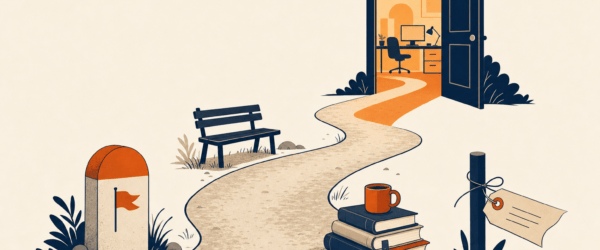 Editorial illustration of a winding path with milestones leading toward an open doorway with warm light, symbolizing returning to work after a career break.
