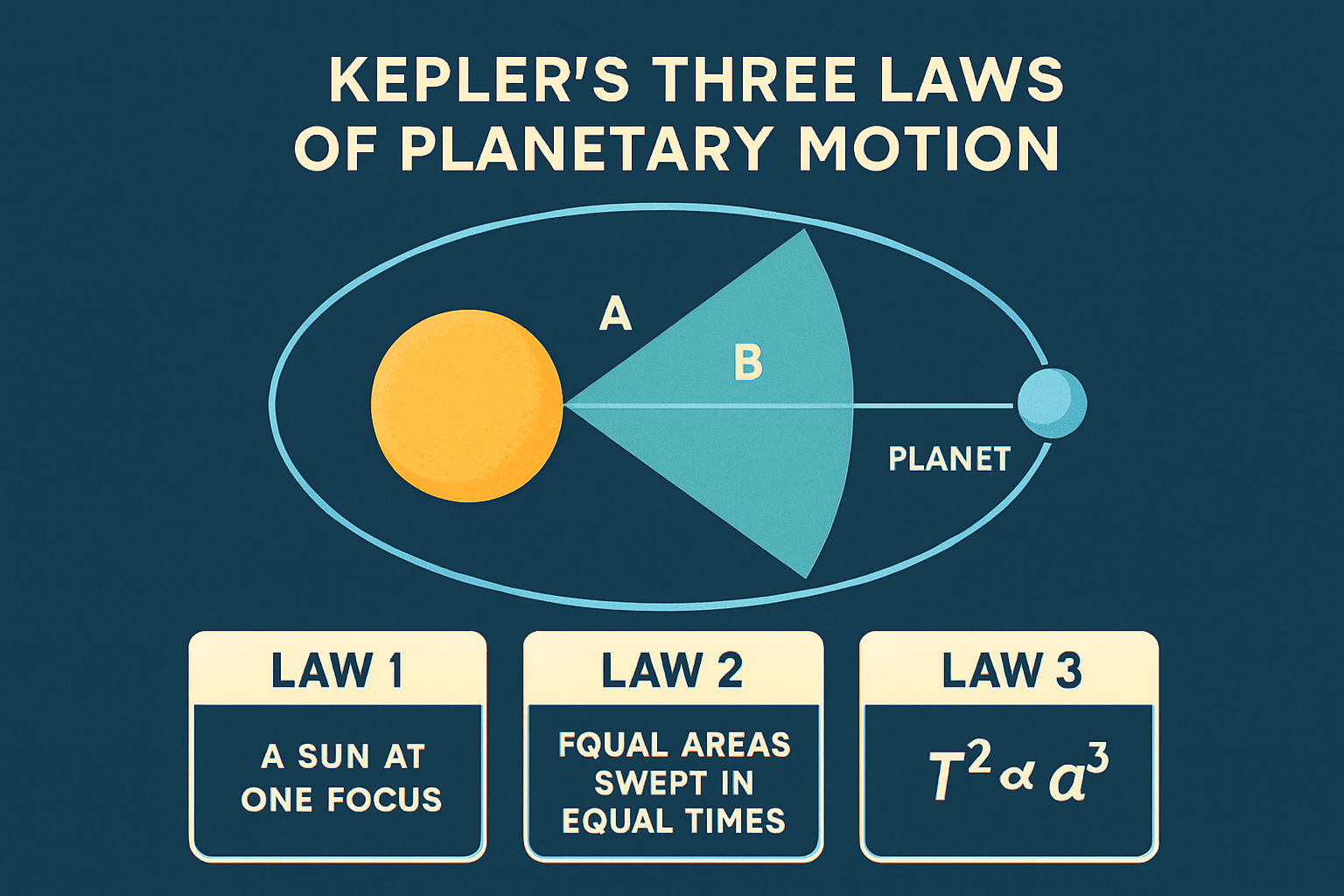 Kepler's three laws of planetary motion — elliptical orbit with Sun at one focus, equal areas swept in equal times, and T² ∝ a³ relating period to semi-major axis.