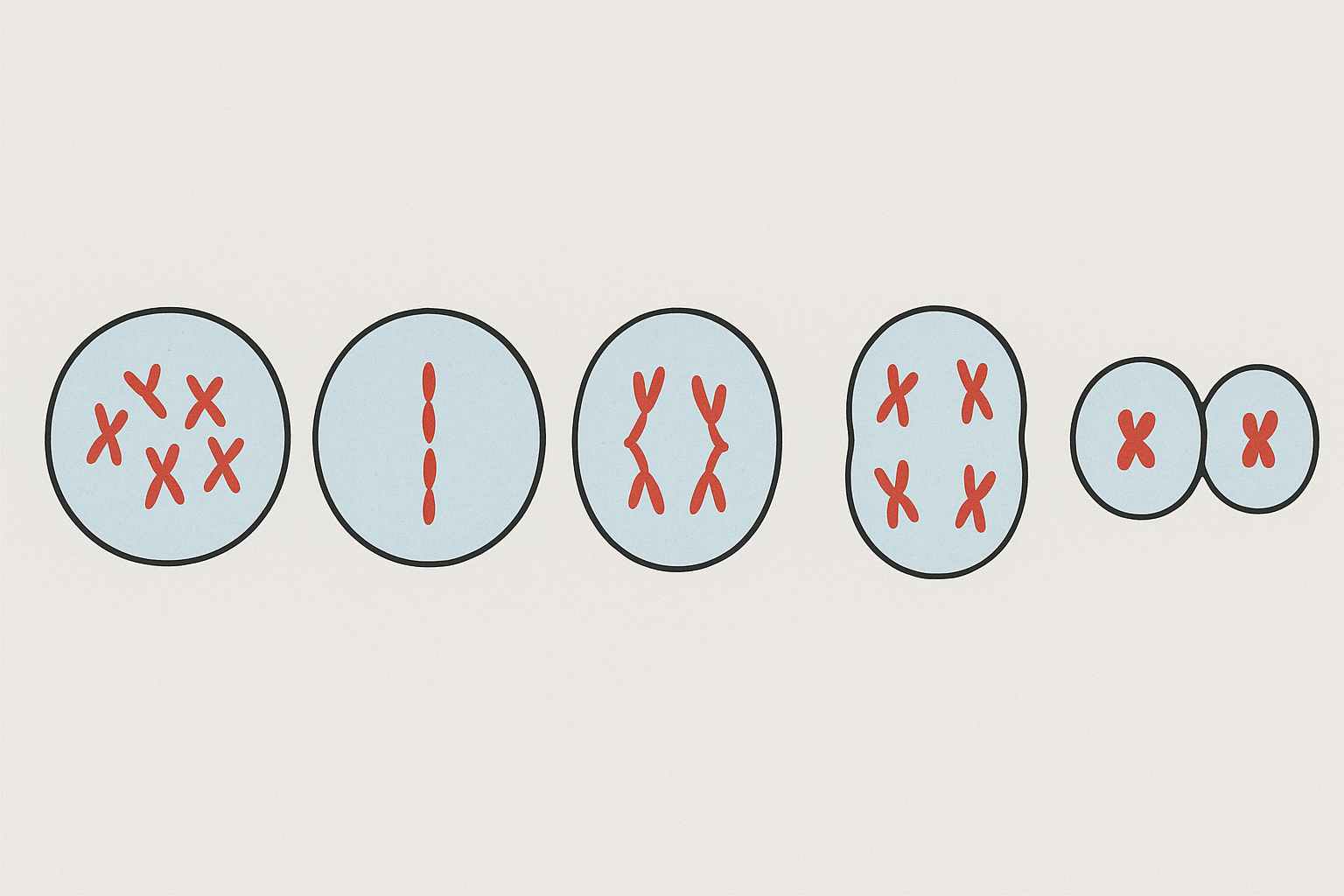 Diagram of the five phases of mitosis from prophase to cytokinesis