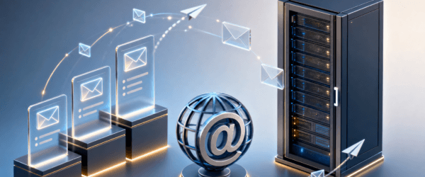 Editorial 3D isometric scene of an email server rack, custom-domain at-sign globe, envelope flow, and stacked translucent pricing tier cards representing MXroute email hosting plans