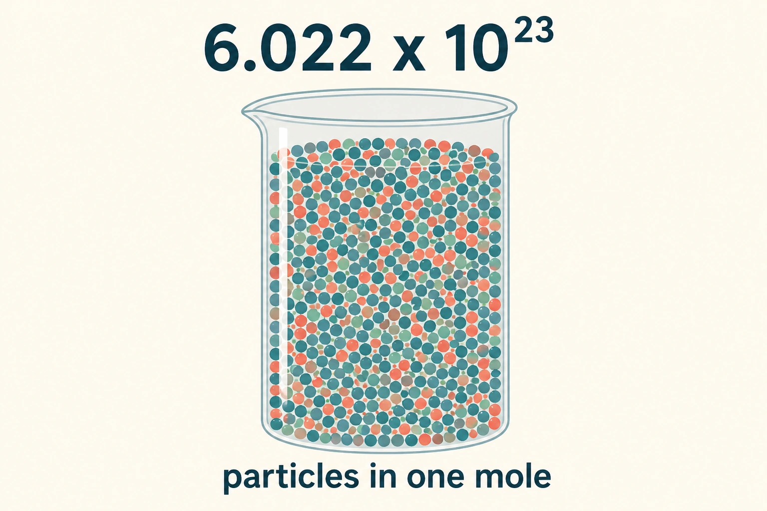 A beaker of countless coloured particles labeled 6.022 x 10 to the 23rd, the number of particles in one mole