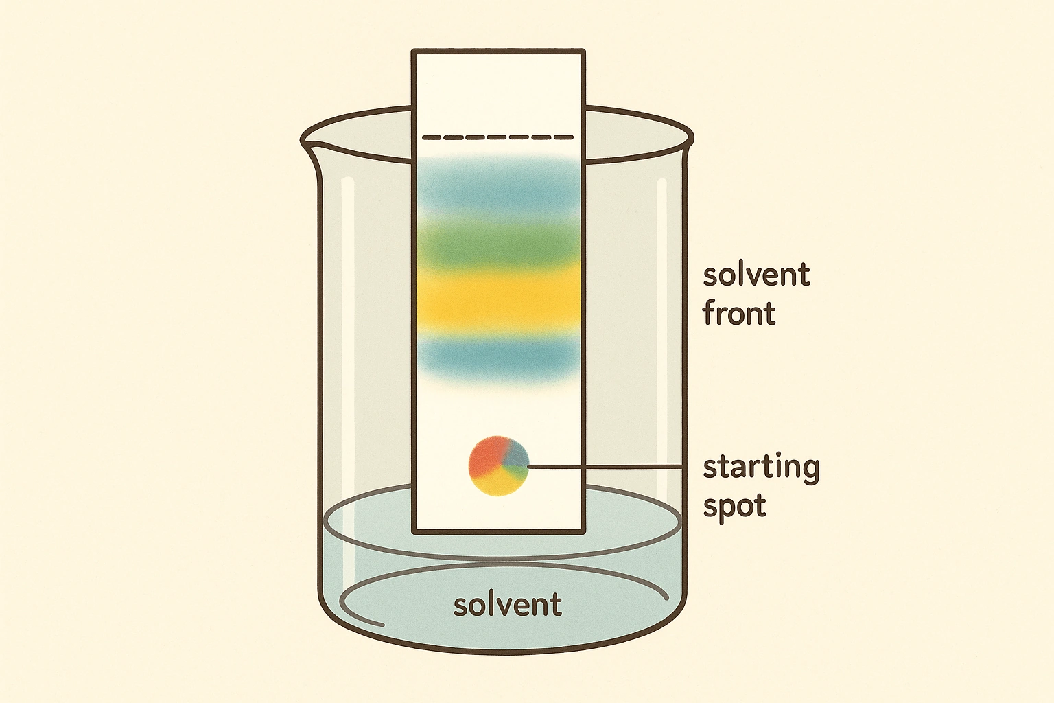 Paper chromatography illustration, a strip of filter paper in a beaker of solvent, with an ink spot separated into colored bands at different heights.