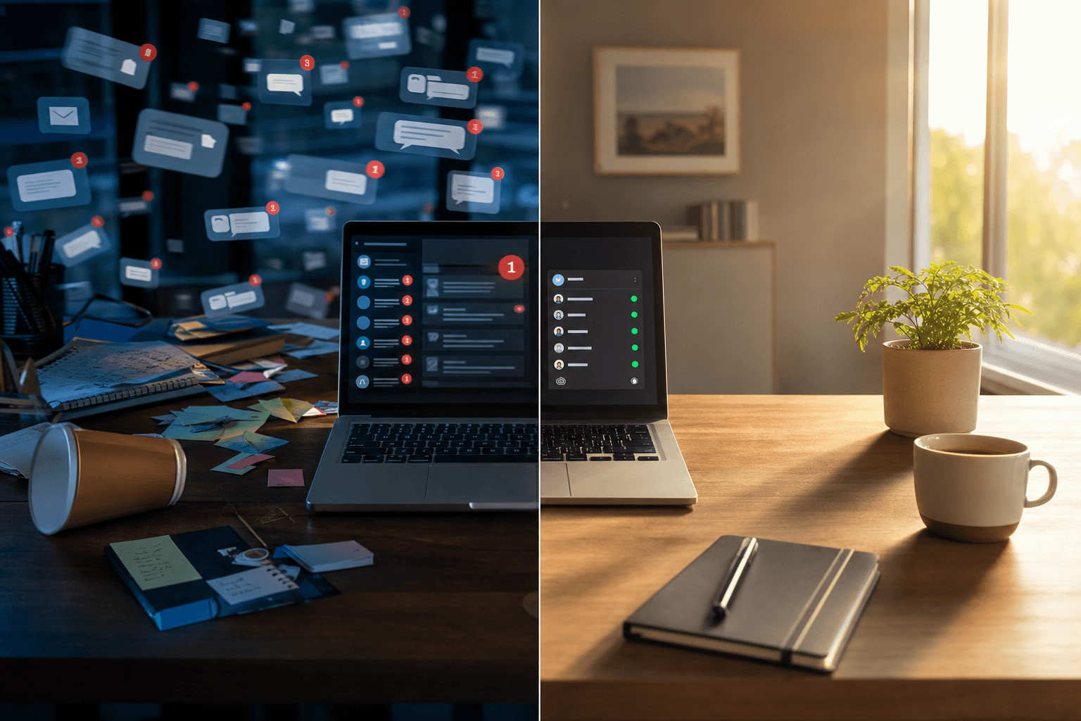 Slack notifications defaults vs configured, split-frame metaphor of chaotic notification overload versus a calm deliberately-configured workspace.