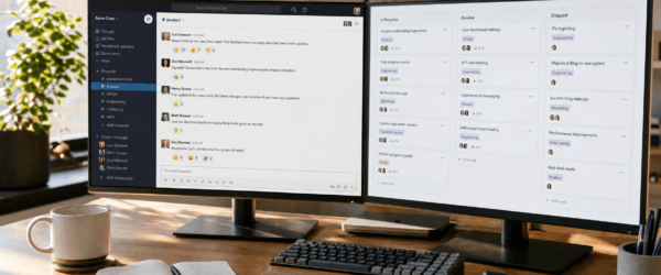 Slack for young entrepreneurs in action — a tidy founder workspace with a team-chat channel sidebar plus threaded conversation on the left monitor and a calm kanban board (in-progress, review, shipped) on the right monitor, warm window light, mug and notebook on the desk.