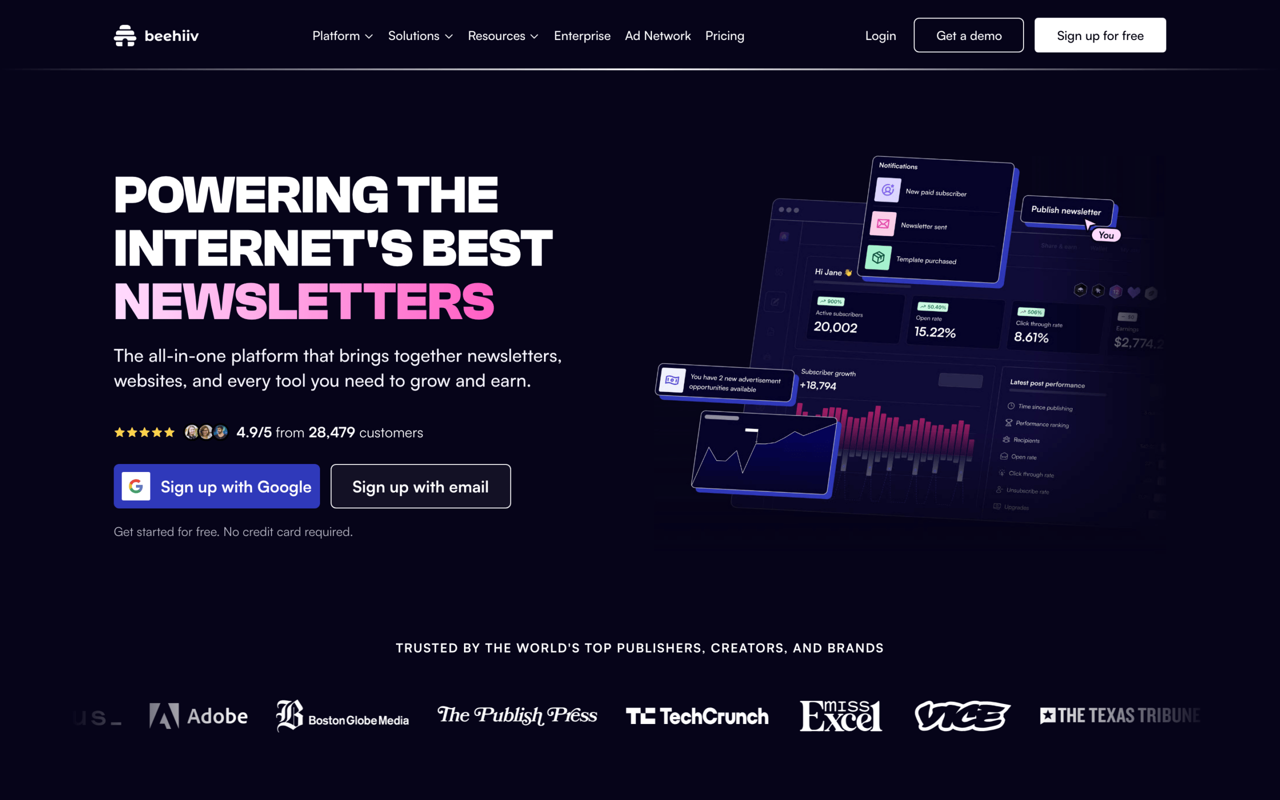 Beehiiv newsletter platform with built-in ad network and paid subscriptions