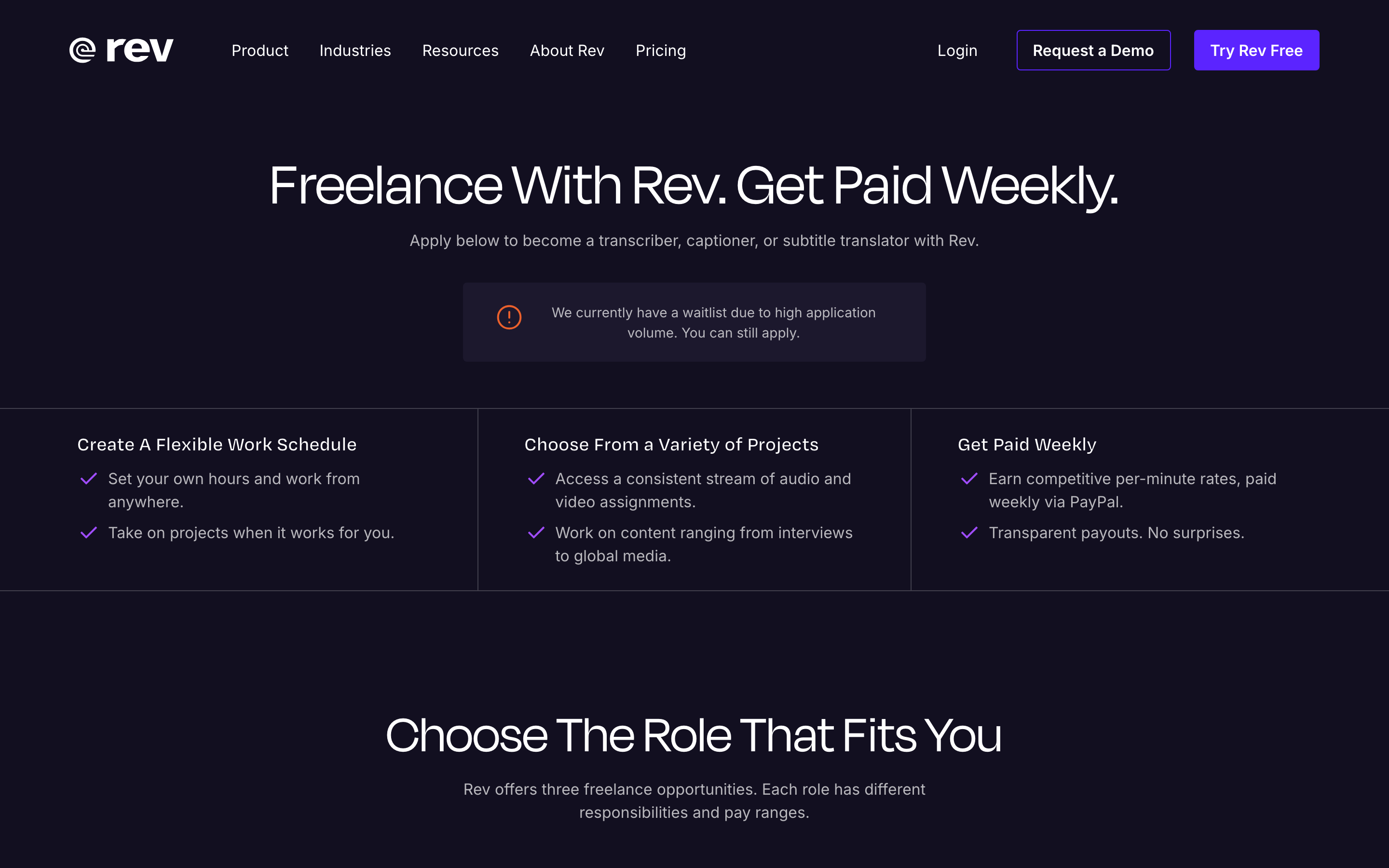 Rev freelance application page for transcription captioning translation