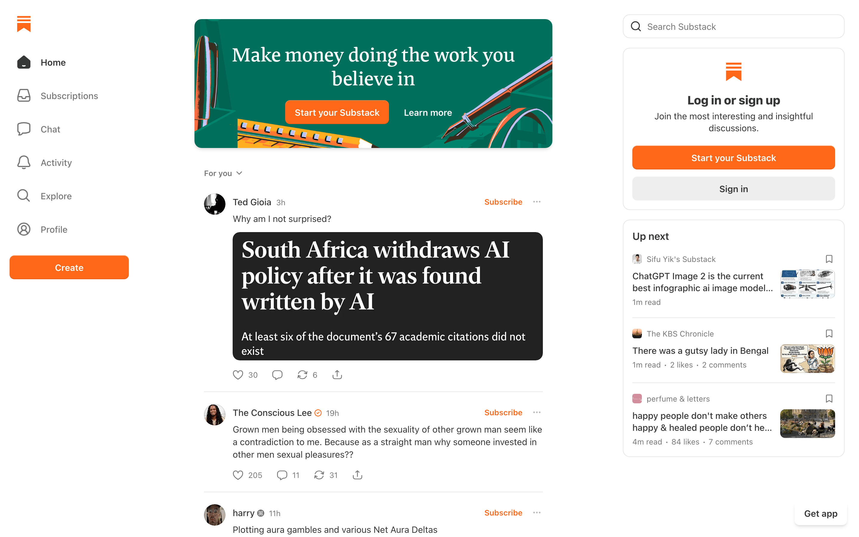Substack homepage for newsletter and paid subscription writing