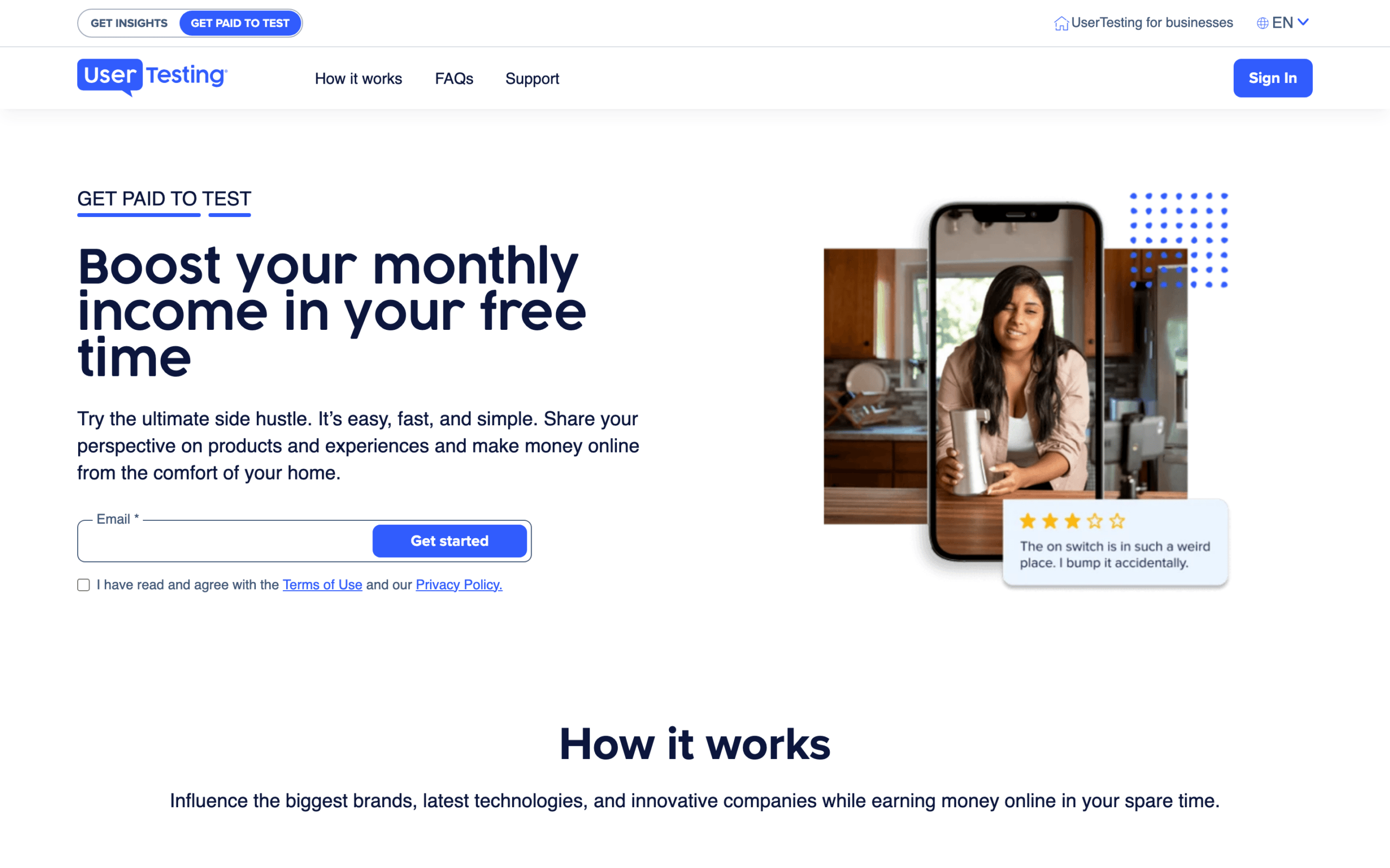 UserTesting application page for paid online testing