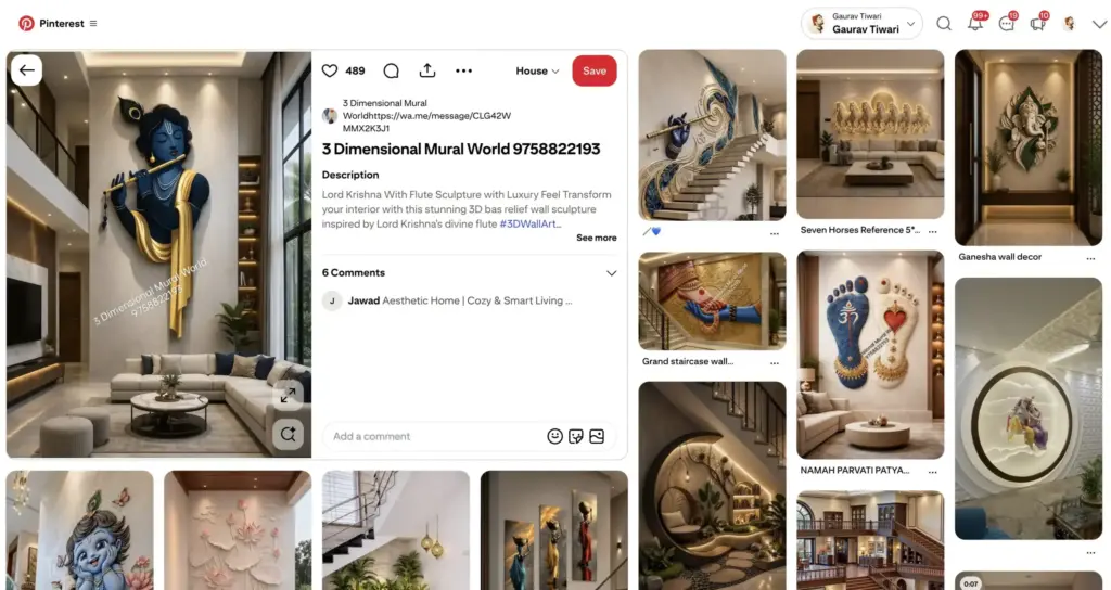 Pinterest pin about a 3D mural wall sculpture of Lord Krishna playing flute in a luxury living room