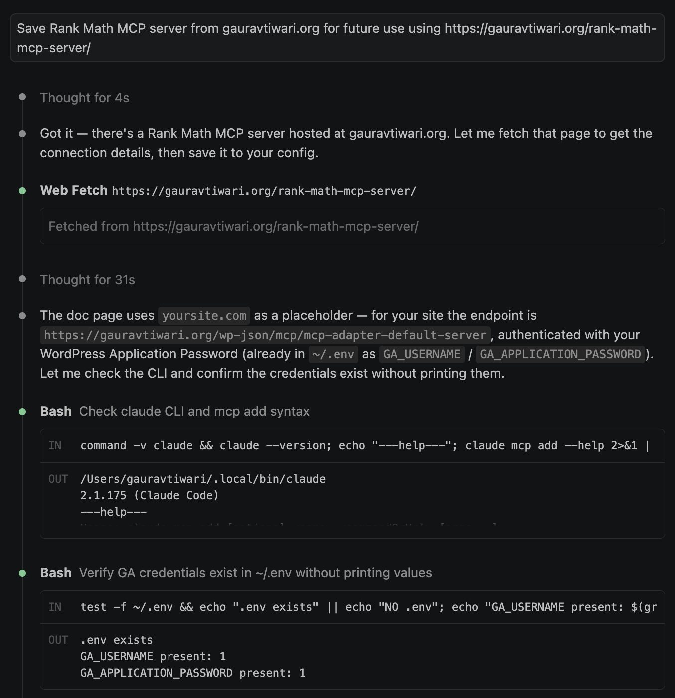 Claude checks a Rank Math MCP server page and verifies .env credentials for setup