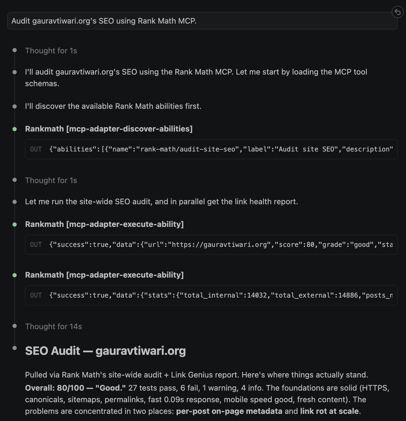 SEO audit of gauravtiwari.org showing an 80/100 score and key issues in post metadata and link health