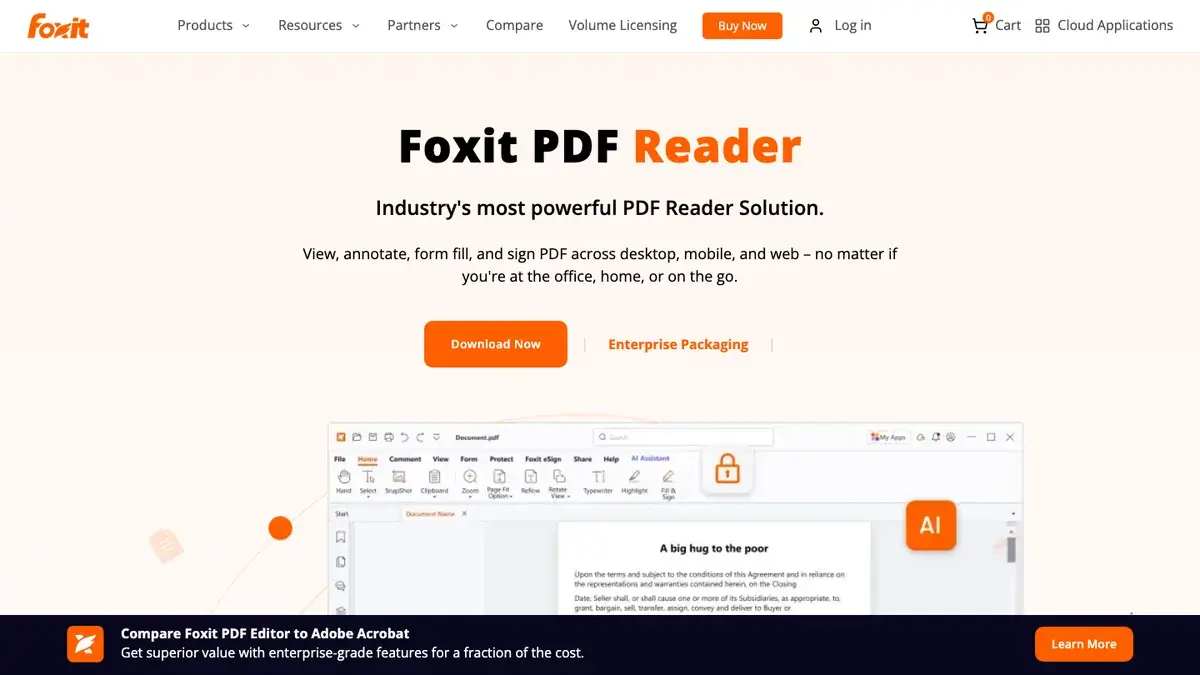 Foxit PDF Reader homepage with download button and product preview