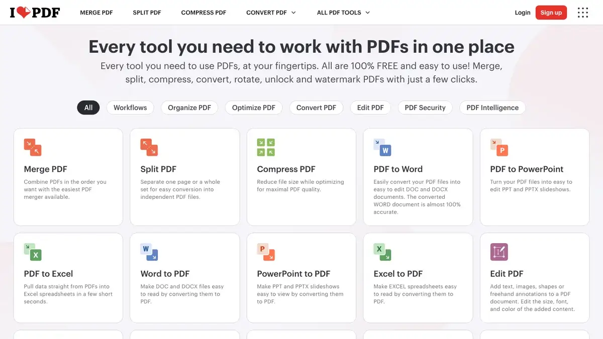 iLovePDF homepage showing merge, split, compress, and convert tools