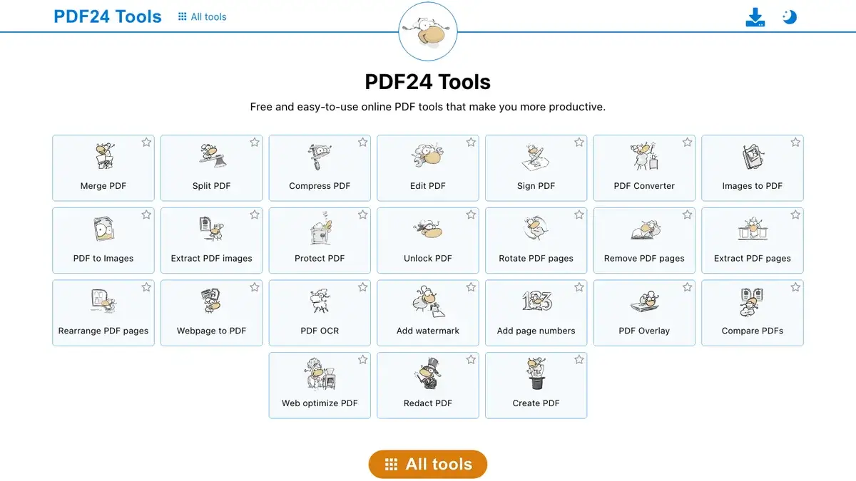 PDF24 Tools homepage showing free PDF tools for Adobe Acrobat alternatives