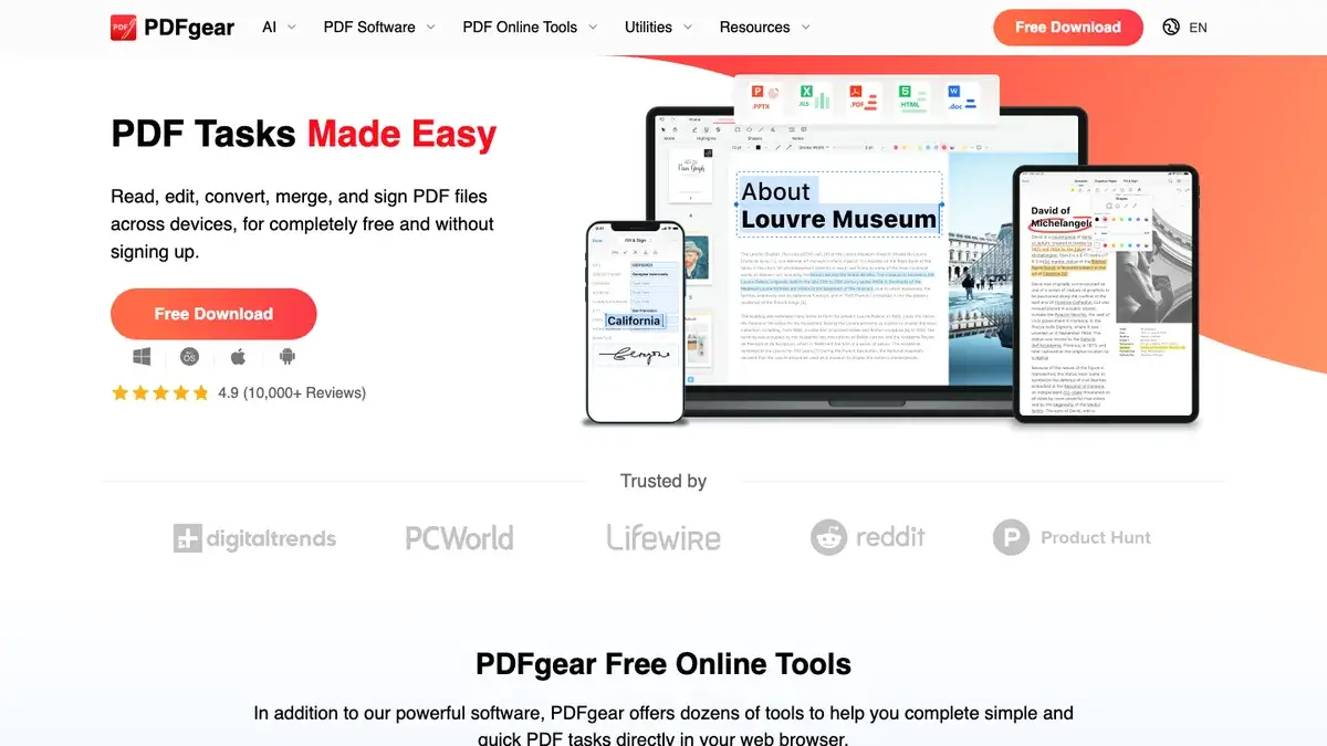 PDFgear homepage showing its free PDF editor and online PDF tools