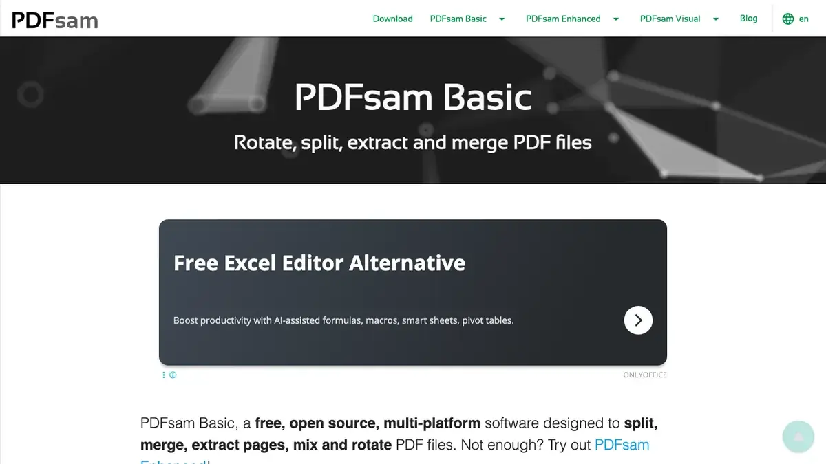 PDFsam Basic page showing rotate, split, extract, and merge features