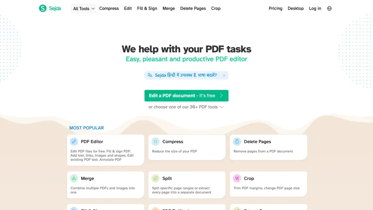 Sejda homepage showing browser-based PDF editing tools
