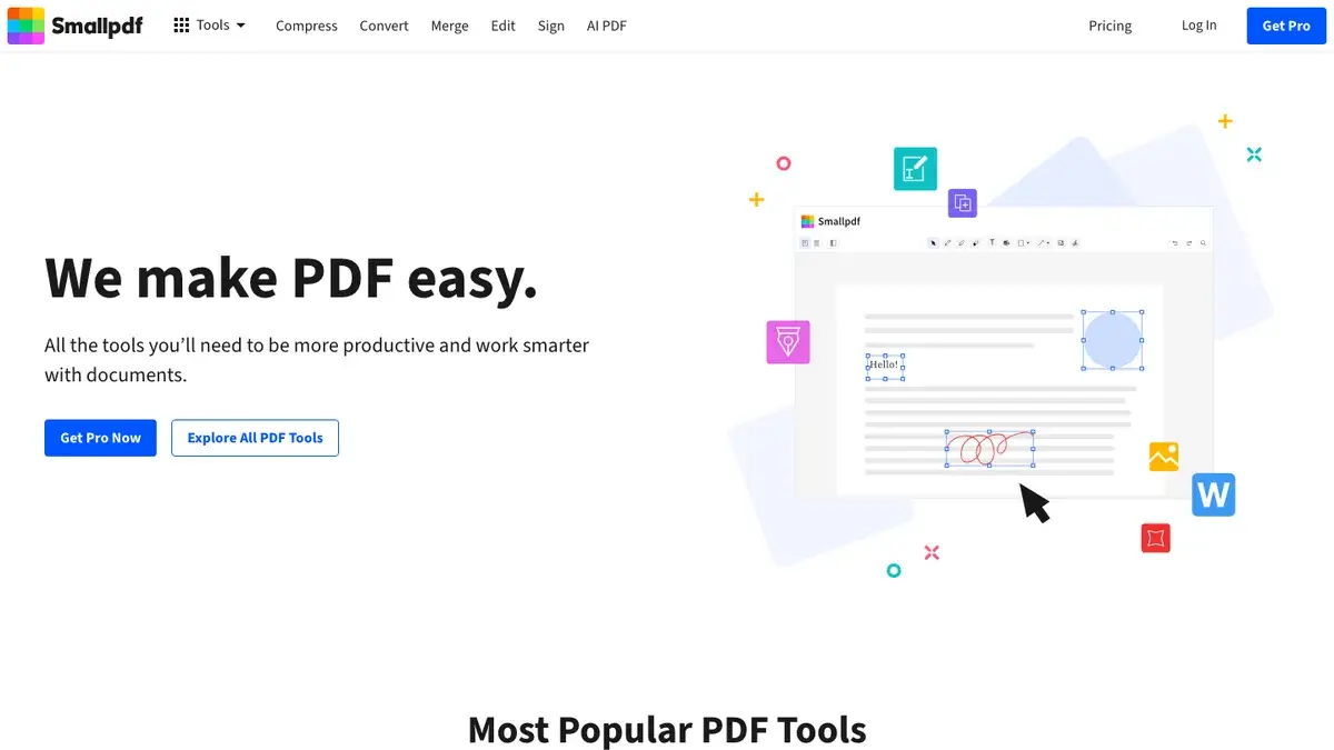 Smallpdf homepage showing popular online PDF tools