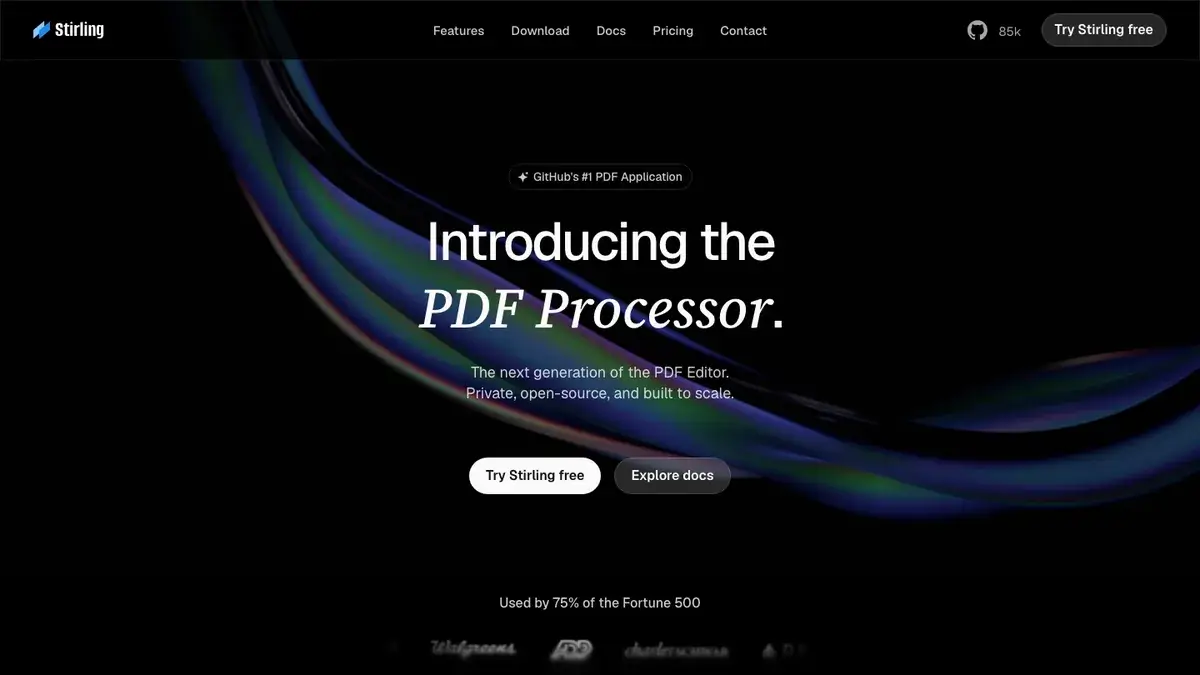 Stirling PDF homepage introducing its PDF processor interface