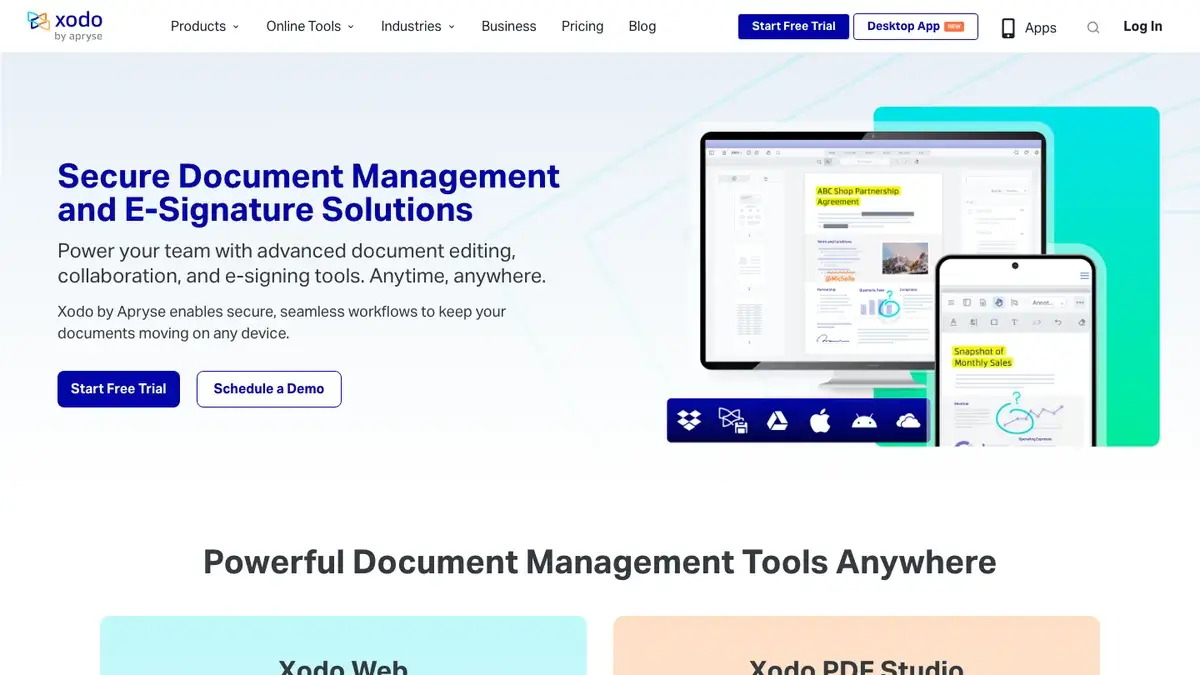 Xodo homepage showing document management and e-signature tools