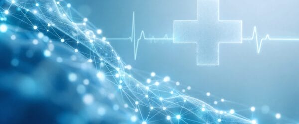 AI healthcare solutions development services concept with a network and ECG heartbeat line