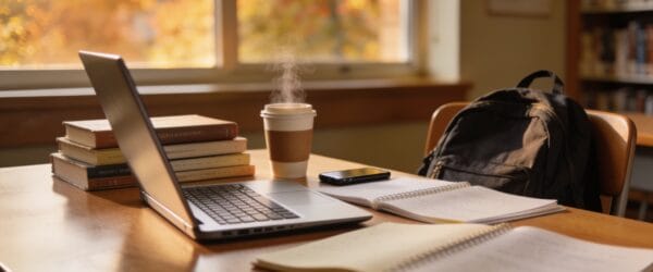 Best Black Friday student laptop deals: a laptop, textbooks and backpack in a library study setup
