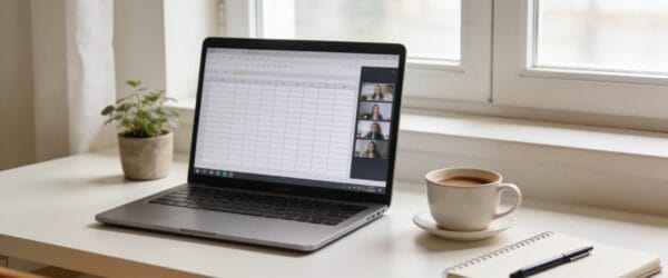 Best budget laptops for working from home: a laptop on a bright desk showing a spreadsheet and a video call