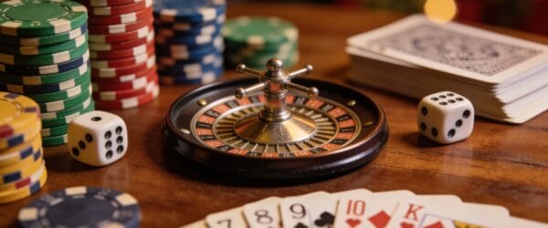 Home casino game night with poker chips, cards, roulette and dice