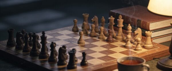 Chessboard mid-game with a stack of chess books