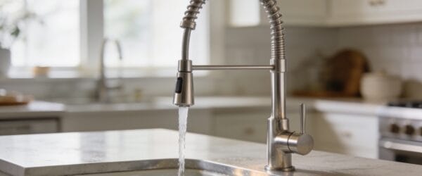 Stainless pull-down kitchen faucet over a farmhouse sink