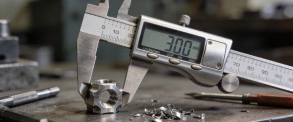 Digital caliper measuring a machined metal part