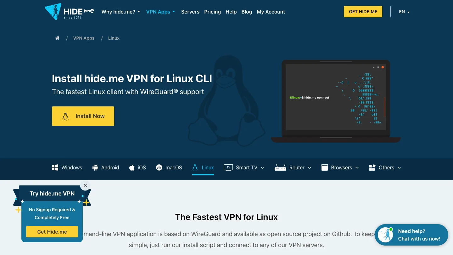 Hide.me VPN for Linux CLI download page showing Linux install option and terminal preview