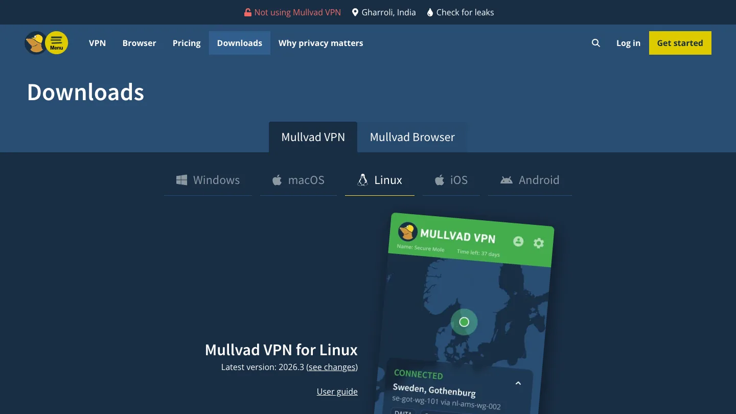 Mullvad VPN for Linux downloads page showing Linux tab and Mullvad desktop app preview