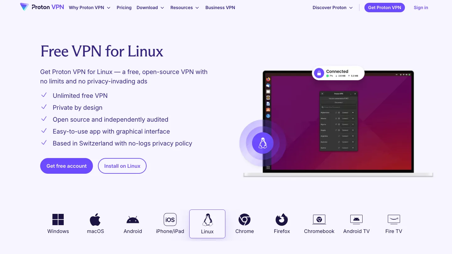 Proton VPN Free Linux download page showing native Linux app, unlimited free VPN, and Linux platform tab
