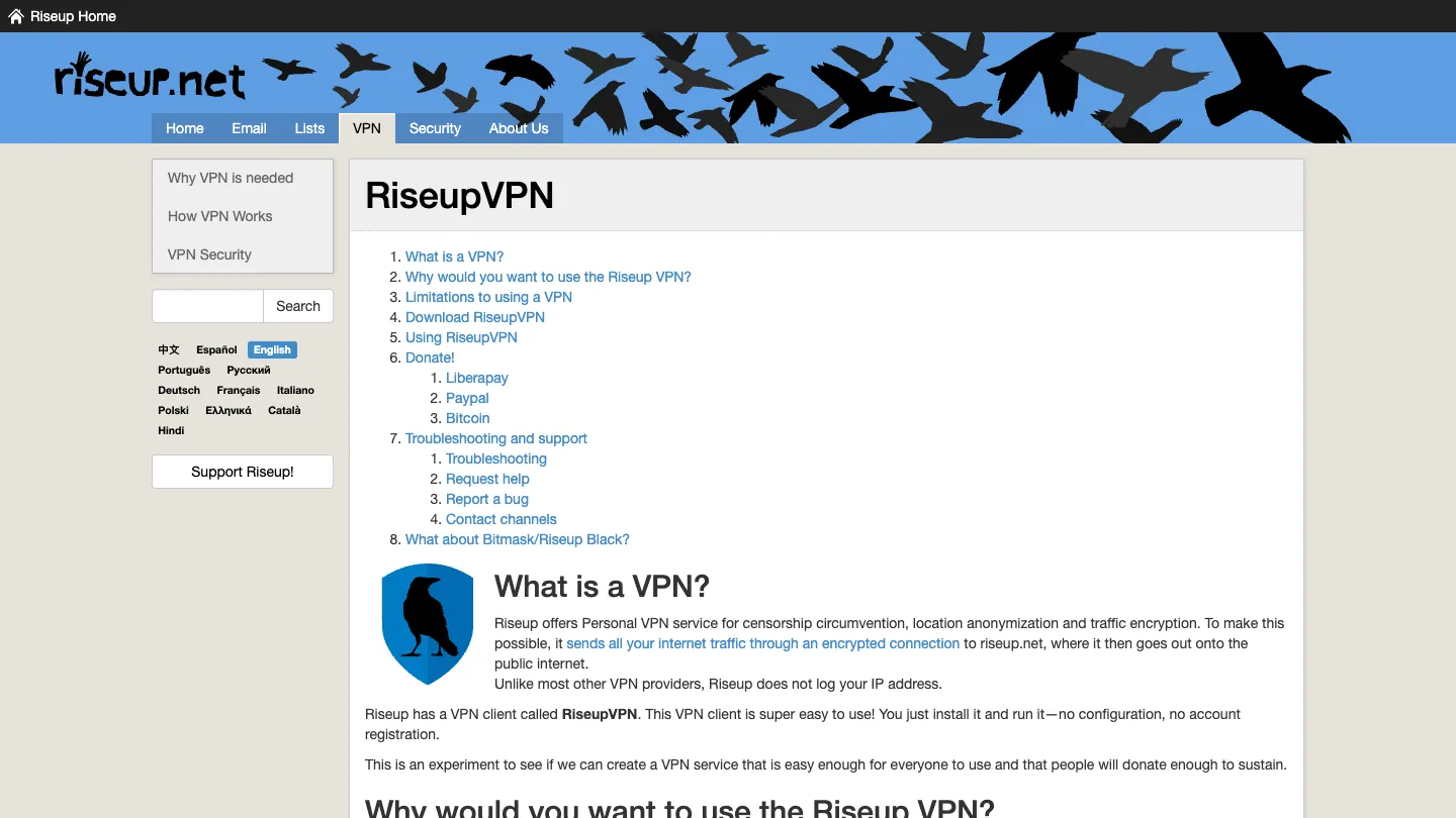 RiseupVPN page on riseup.net showing the VPN overview and setup links