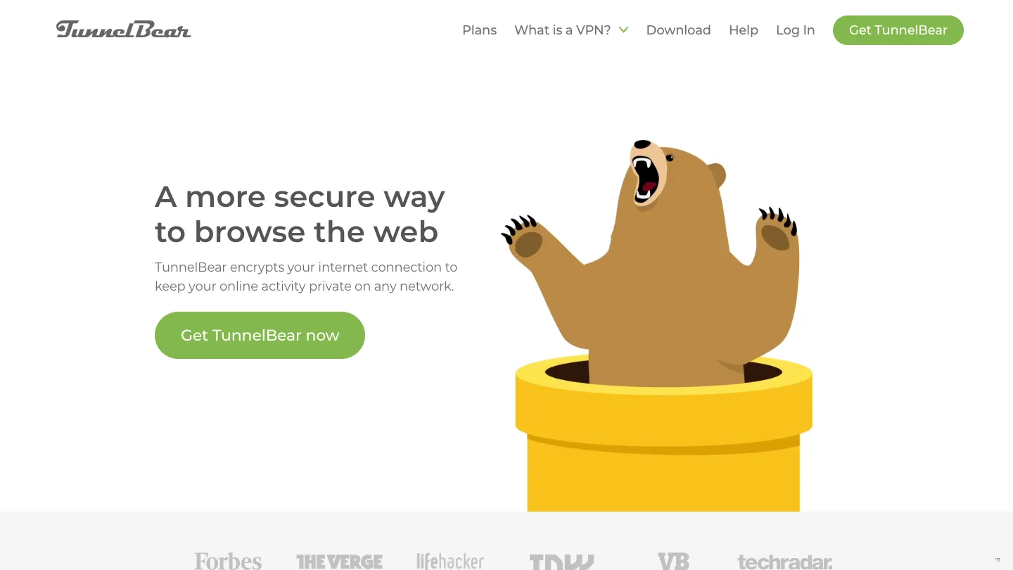 TunnelBear homepage hero after the Linux apps URL redirects to the main secure VPN service page