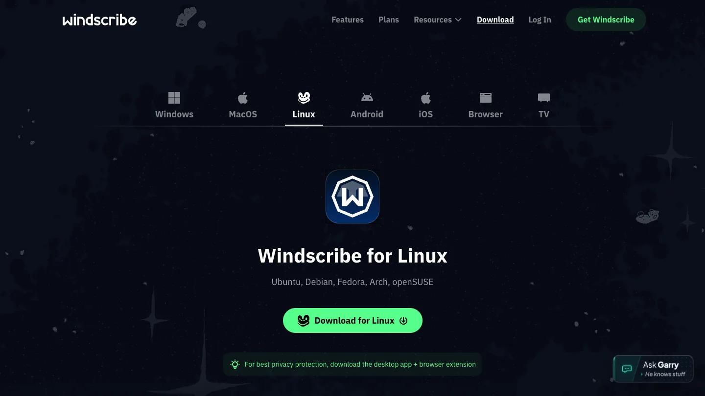 Windscribe for Linux download page showing Linux tab and download button for the Linux VPN app