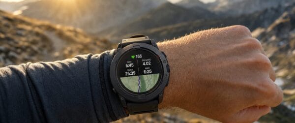 Rugged GPS watch on a wrist on a mountain trail at sunrise